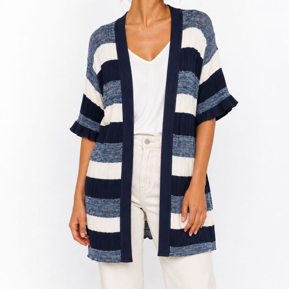 Misook Open Front Cardigan Large Blue White Striped Knit Duster Ruffle Sleeves